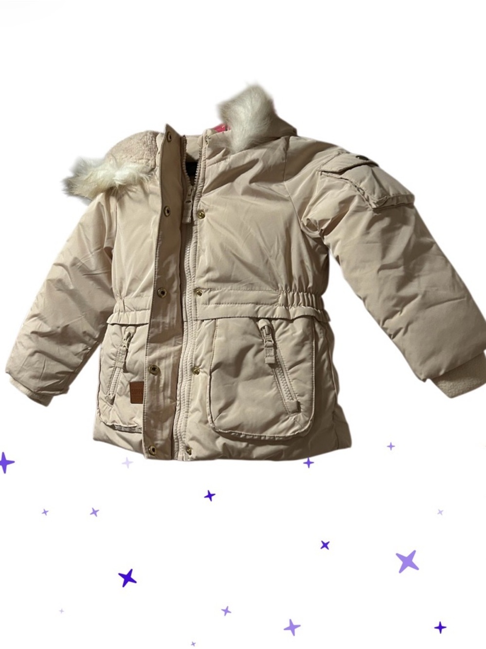Cream Girls' Puffer Parka with Faux Fur Hood Jacket